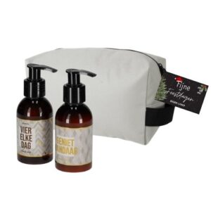 gevulde toilettas grijs met logo tekst