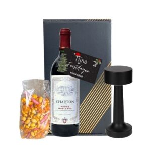 cadeaupakket wijn tafellamp met logo tekst