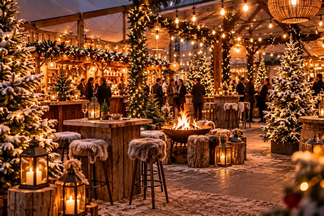 Sfeerimpressie van een winterfeest met chalets, een vuurschaal en warme verlichting